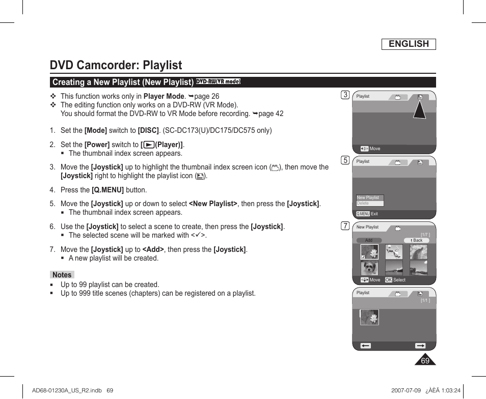 Dvd camcorder: playlist, English, Creating a new playlist (new playlist) | Samsung SC-DC575-XAA User Manual | Page 69 / 128