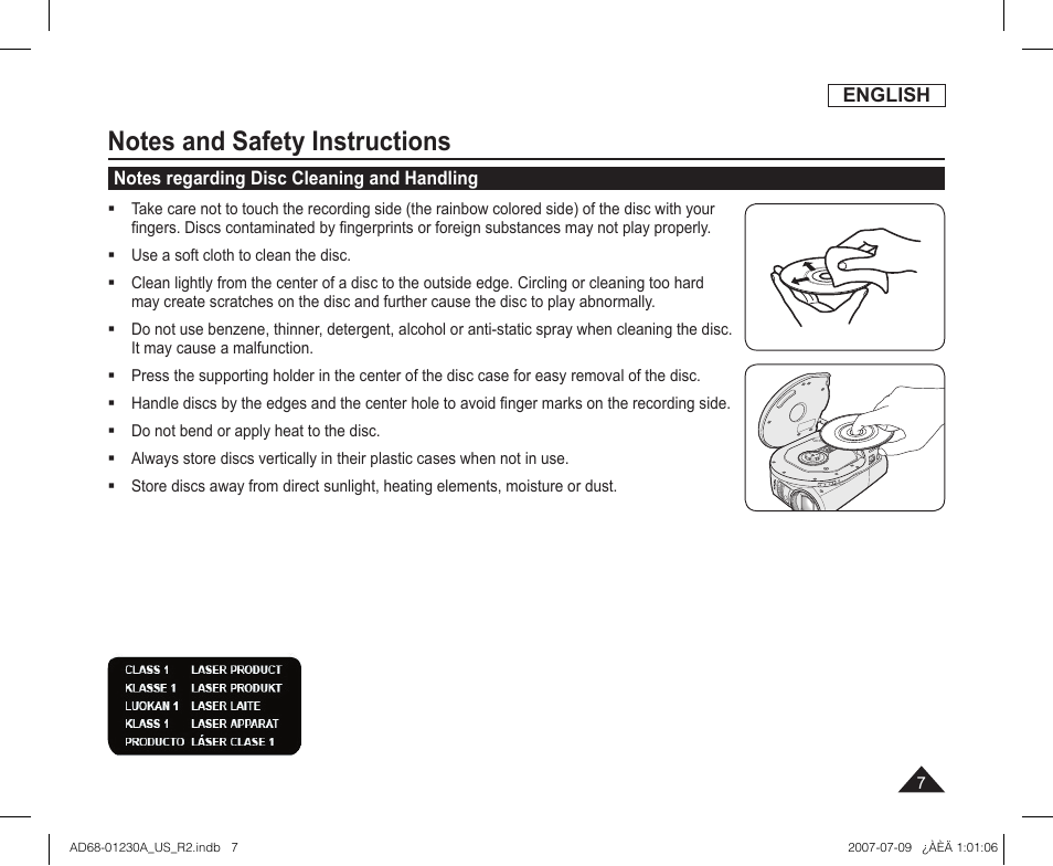 Notes regarding disc cleaning and handling | Samsung SC-DC575-XAA User Manual | Page 7 / 128