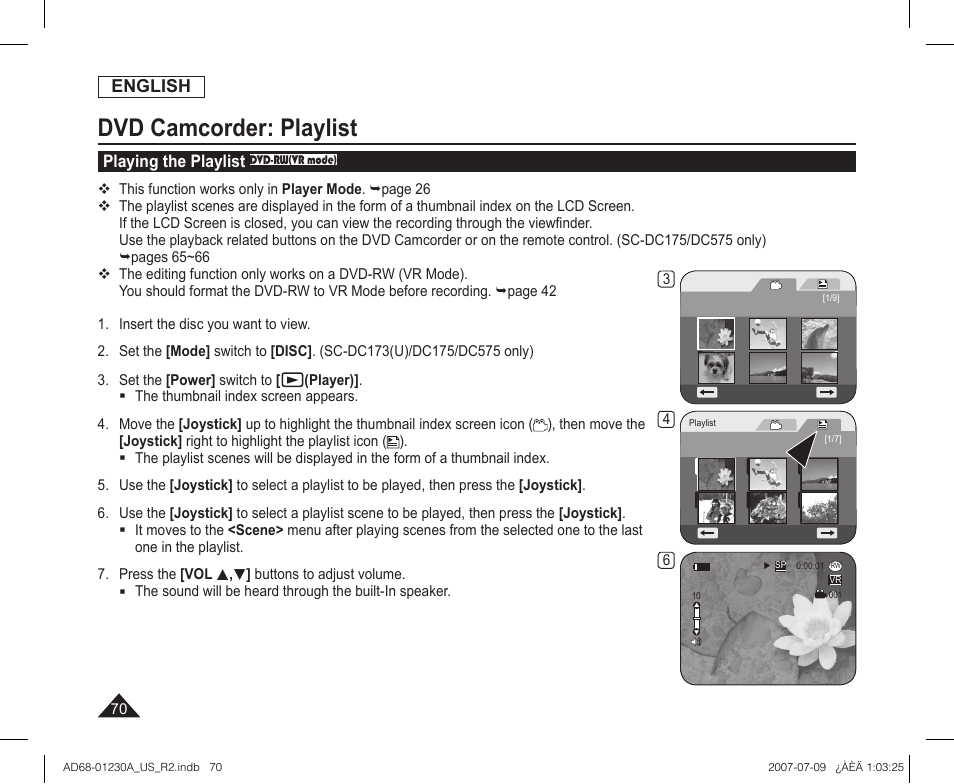 Playing the playlist dvd-rw(vr mode), Dvd camcorder: playlist | Samsung SC-DC575-XAA User Manual | Page 70 / 128