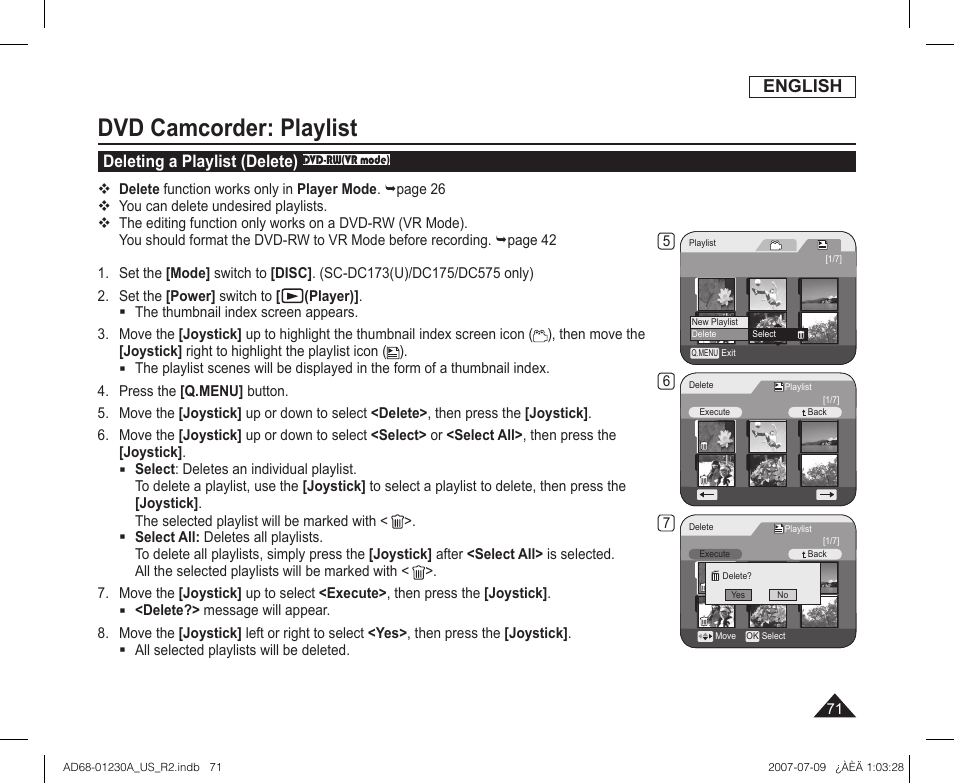 Deleting a playlist (delete) dvd-rw(vr mode), Dvd camcorder: playlist, English | Deleting a playlist (delete) | Samsung SC-DC575-XAA User Manual | Page 71 / 128