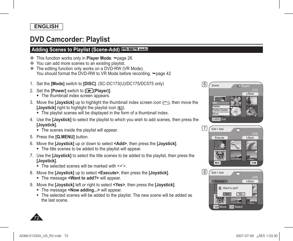 Dvd camcorder: playlist, English, Adding scenes to playlist (scene-add) | Samsung SC-DC575-XAA User Manual | Page 72 / 128