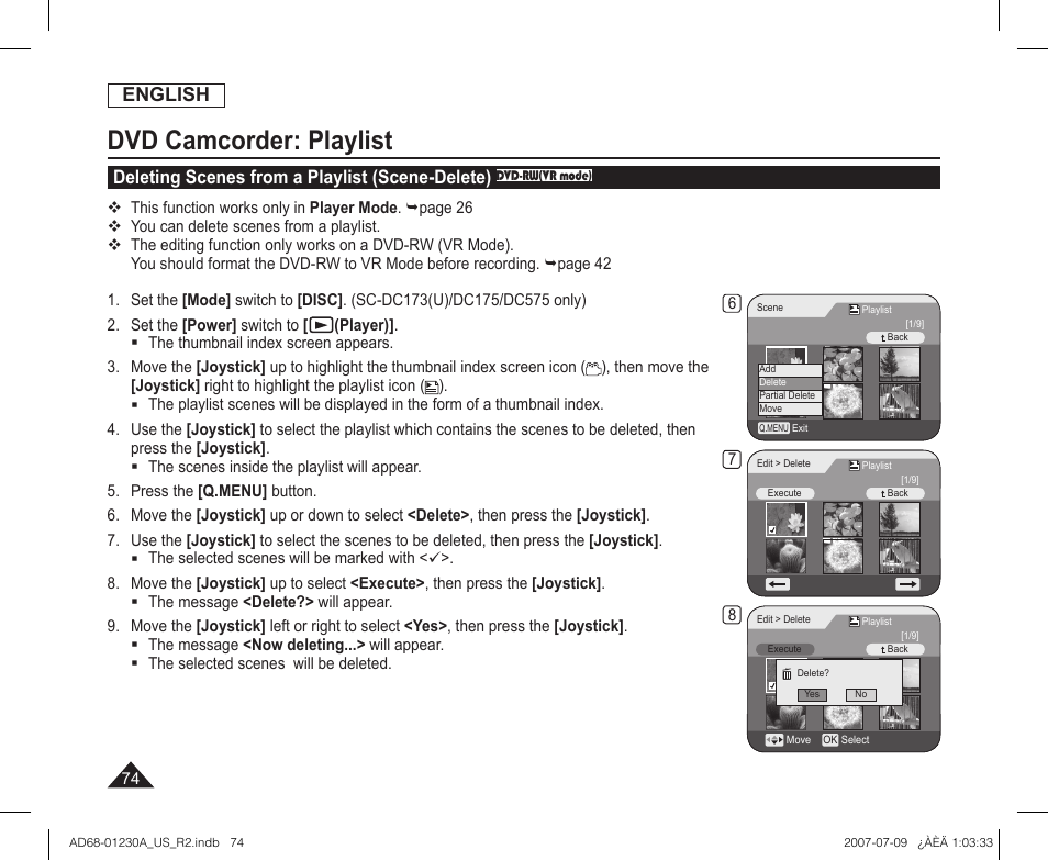 Dvd camcorder: playlist, English, Deleting scenes from a playlist (scene-delete) | Samsung SC-DC575-XAA User Manual | Page 74 / 128