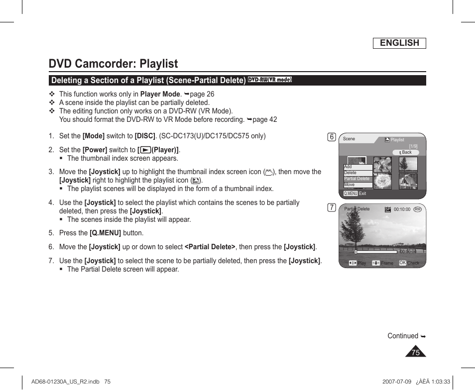 Dvd camcorder: playlist, English | Samsung SC-DC575-XAA User Manual | Page 75 / 128