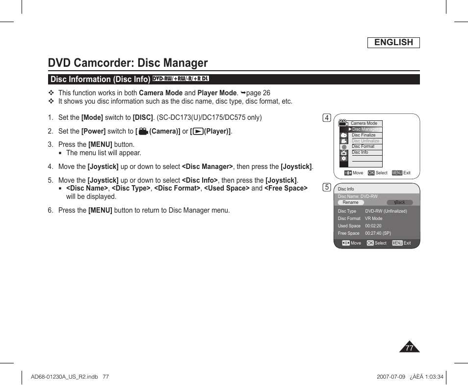 Dvd camcorder: disc manager, Disc information (disc info) dvd-rw/+rw/-r/+r dl, English | Disc information (disc info) | Samsung SC-DC575-XAA User Manual | Page 77 / 128