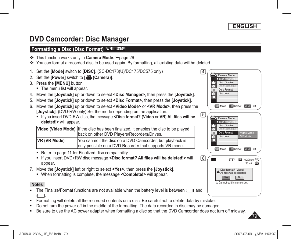 Formatting a disc (disc format) dvd-rw/+rw, Dvd camcorder: disc manager, English | Formatting a disc (disc format) | Samsung SC-DC575-XAA User Manual | Page 79 / 128