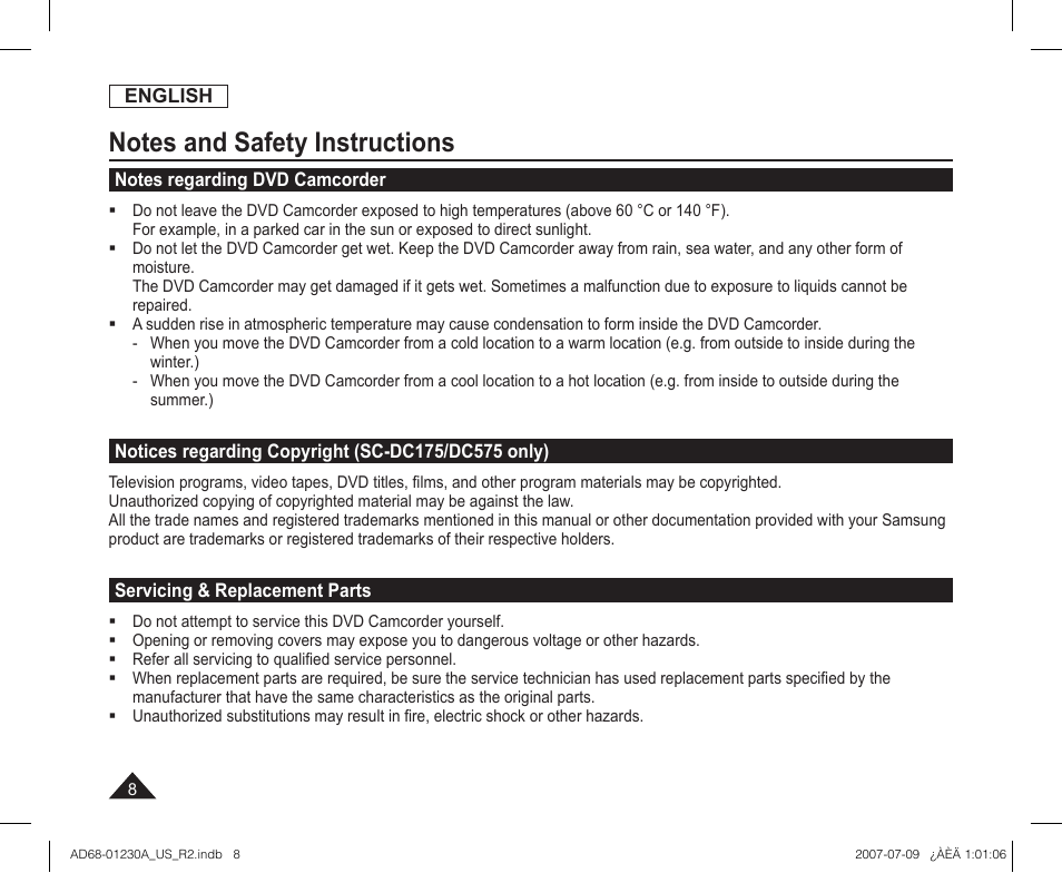 Notes regarding dvd camcorder, Notices regarding copyright (sc-dc175/dc575 only), Servicing & replacement parts | Samsung SC-DC575-XAA User Manual | Page 8 / 128