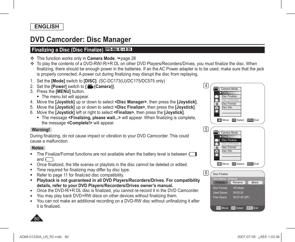 Finalizing a disc (disc finalize) dvd-rw/-r/+r dl, Dvd camcorder: disc manager, English | Finalizing a disc (disc finalize) | Samsung SC-DC575-XAA User Manual | Page 80 / 128