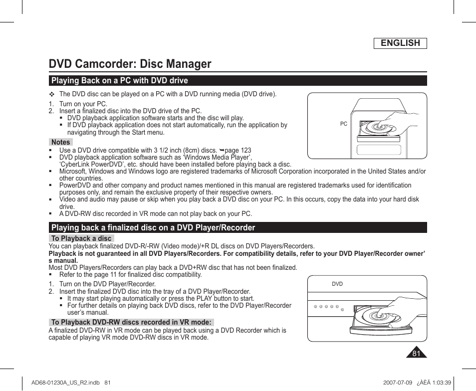 Playing back on a pc with dvd drive, Dvd camcorder: disc manager | Samsung SC-DC575-XAA User Manual | Page 81 / 128