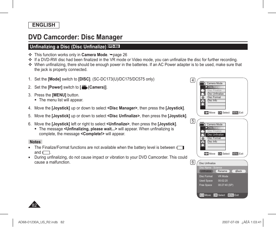 Unfinalizing a disc (disc unfinalize) dvd-rw, Dvd camcorder: disc manager, English | Unﬁnalizing a disc (disc unﬁnalize) | Samsung SC-DC575-XAA User Manual | Page 82 / 128