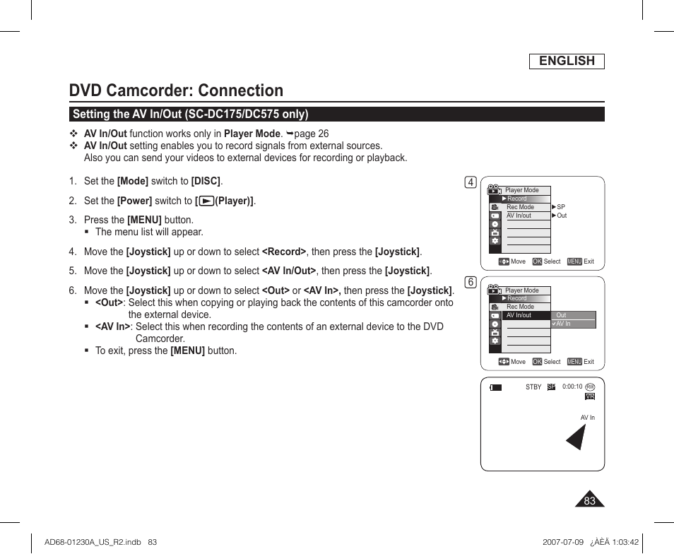 Dvd camcorder: connection, Setting the av in/out (sc-dc175/dc575 only), English | Samsung SC-DC575-XAA User Manual | Page 83 / 128