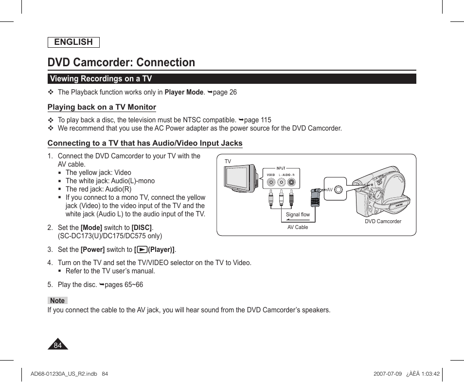 Viewing recordings on a tv, Dvd camcorder: connection | Samsung SC-DC575-XAA User Manual | Page 84 / 128