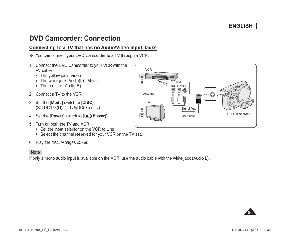 Dvd camcorder: connection | Samsung SC-DC575-XAA User Manual | Page 85 / 128