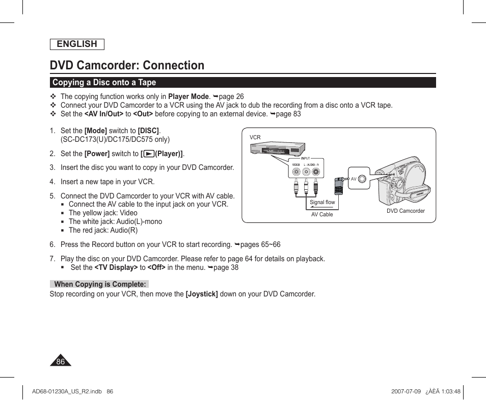 Copying a disc onto a tape, Dvd camcorder: connection | Samsung SC-DC575-XAA User Manual | Page 86 / 128