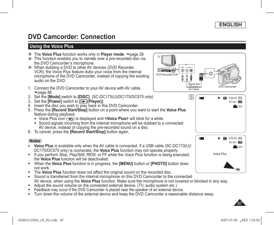 Using the voice plus, Dvd camcorder: connection, English | Samsung SC-DC575-XAA User Manual | Page 87 / 128