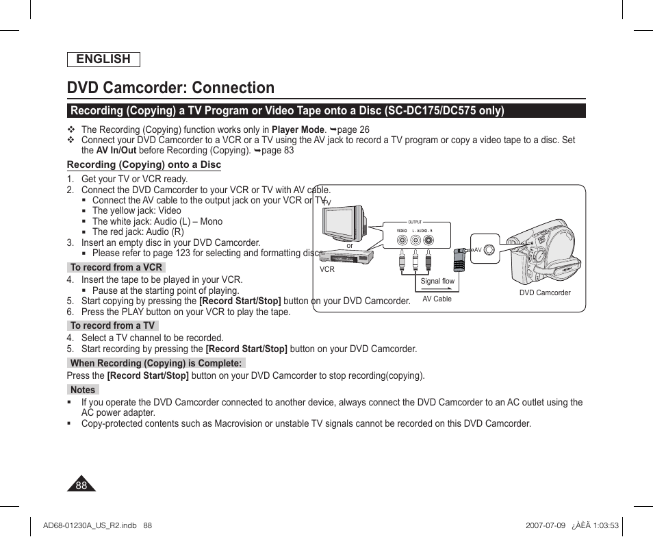 Dvd camcorder: connection | Samsung SC-DC575-XAA User Manual | Page 88 / 128