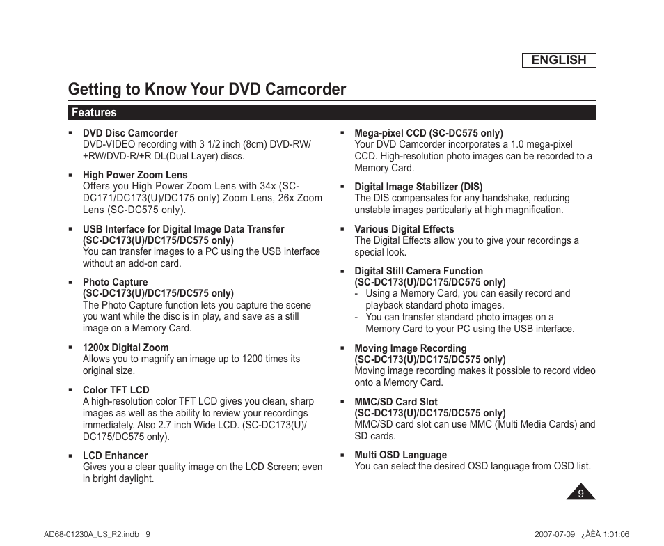 Getting to know your dvd camcorder, Features | Samsung SC-DC575-XAA User Manual | Page 9 / 128