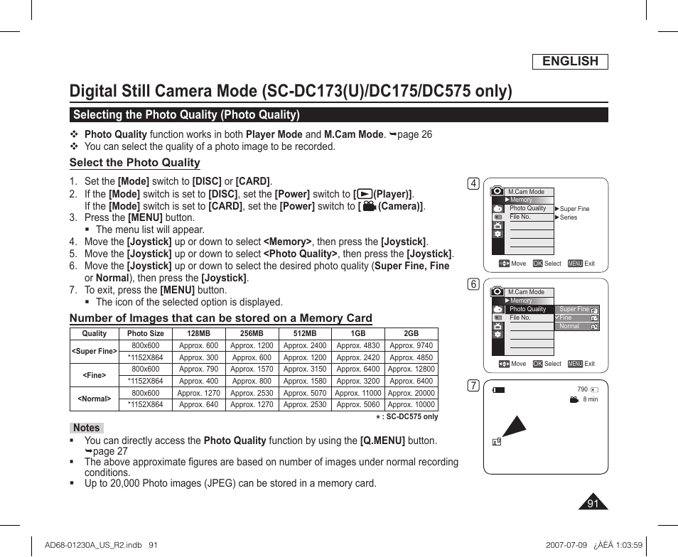 Selecting the photo quality (photo quality), English, Select the photo quality | Samsung SC-DC575-XAA User Manual | Page 91 / 128