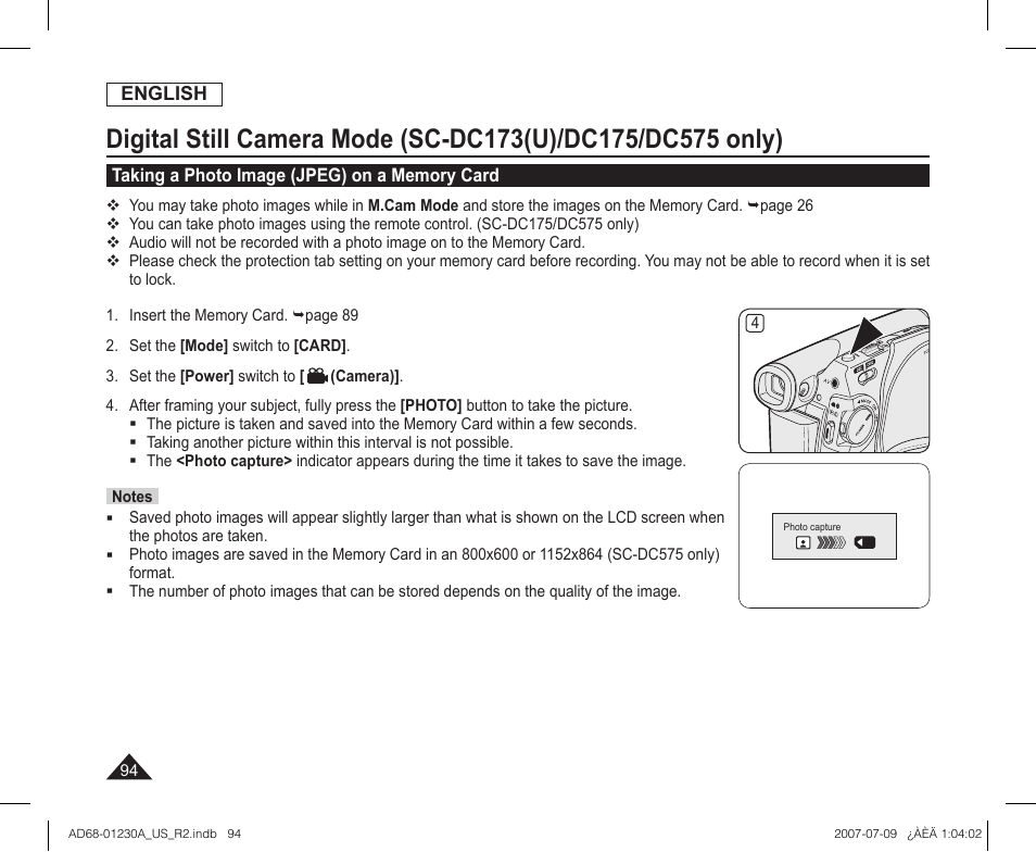 Taking a photo image (jpeg) on a memory card | Samsung SC-DC575-XAA User Manual | Page 94 / 128