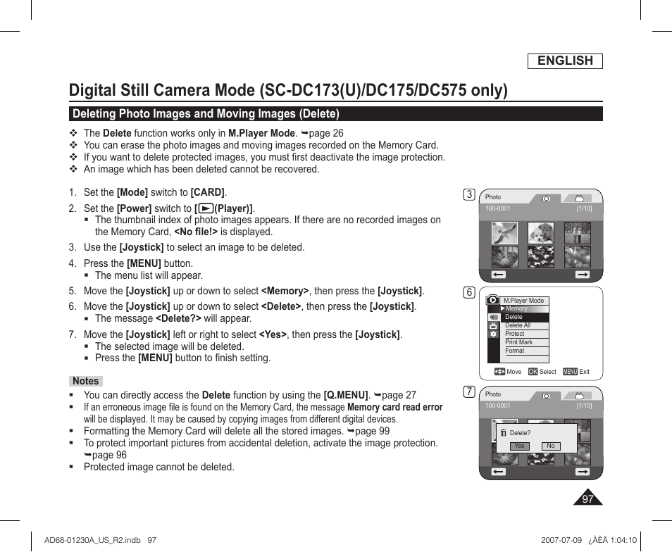 Deleting photo images and moving images (delete), English | Samsung SC-DC575-XAA User Manual | Page 97 / 128