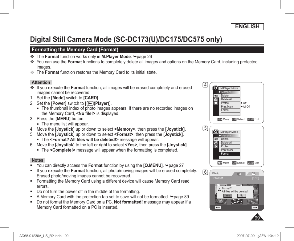 Formatting the memory card (format), English | Samsung SC-DC575-XAA User Manual | Page 99 / 128