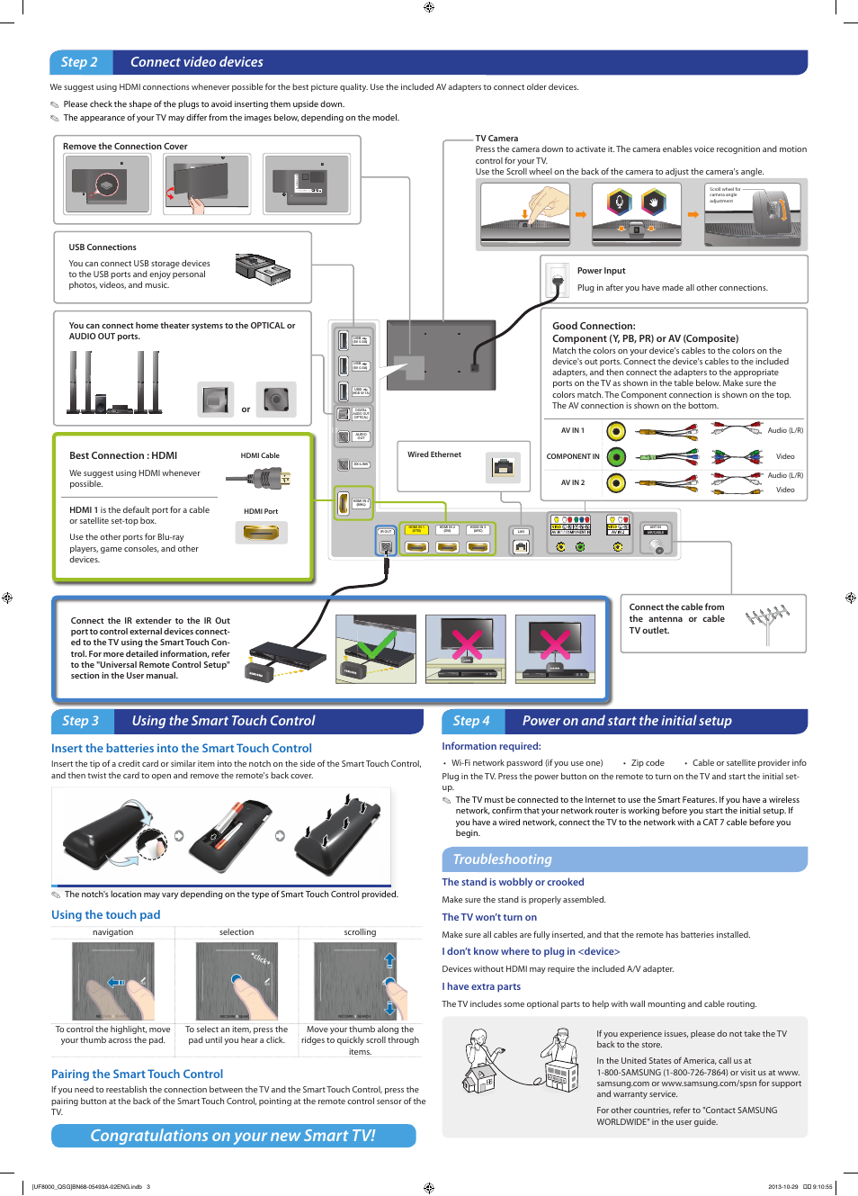 Step 2 connect video devices, Step 3 using the smart touch control, Step 4 power on and start the initial setup | Troubleshooting, Insert the batteries into the smart touch control, Using the touch pad, Pairing the smart touch control | Samsung UN55F8000BFXZA User Manual | Page 2 / 2