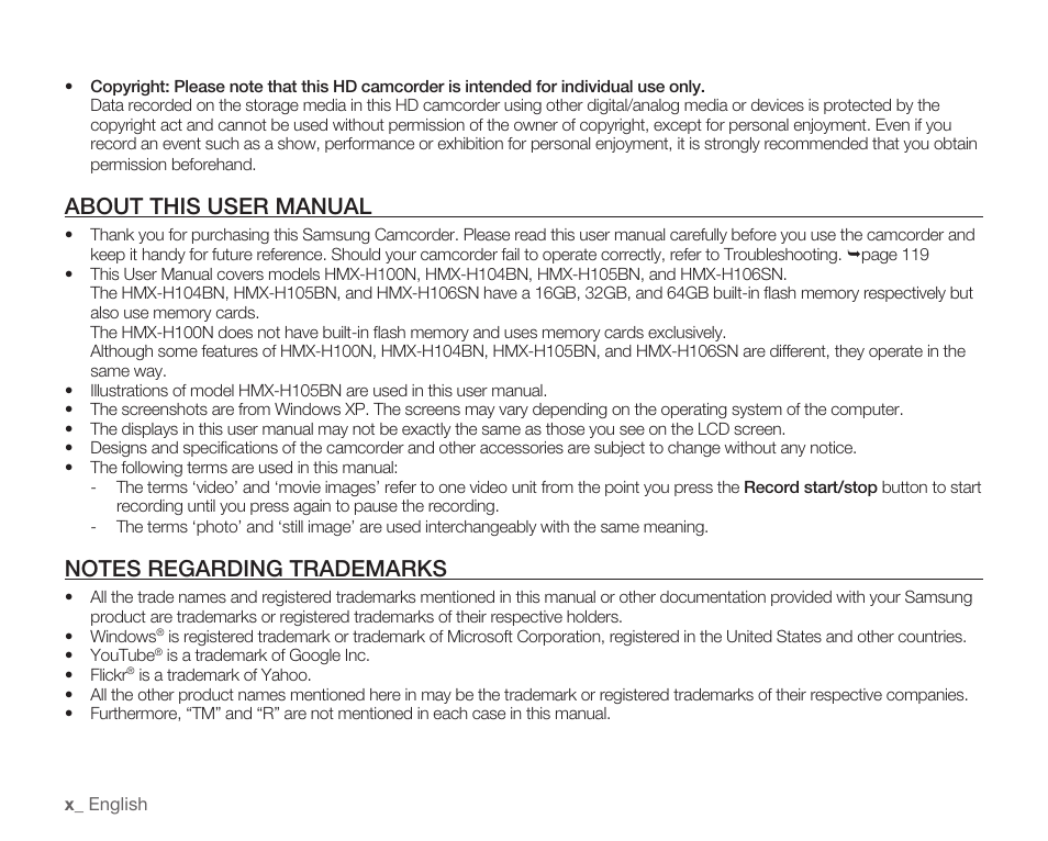 About this user manual | Samsung HMX-H105BN-XAA User Manual | Page 10 / 147