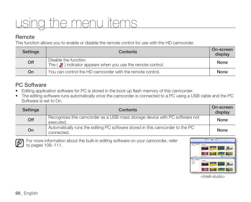 Using the menu items | Samsung HMX-H105BN-XAA User Manual | Page 102 / 147