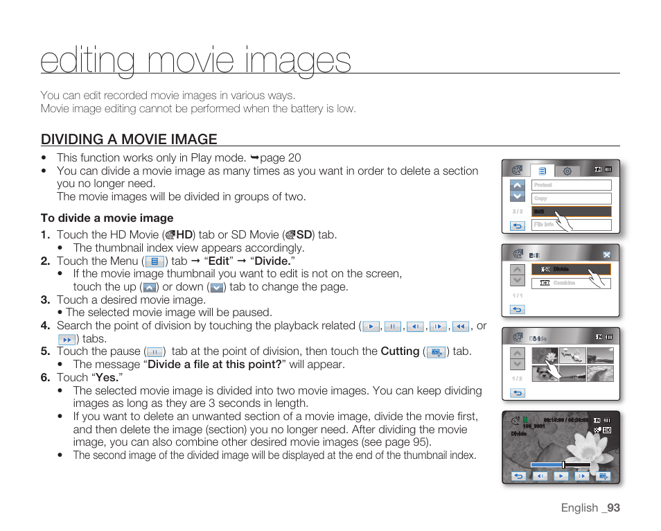 Editing movie images, Dividing a movie image | Samsung HMX-H105BN-XAA User Manual | Page 107 / 147