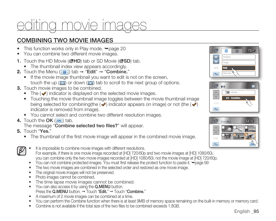 Combining two movie images, Editing movie images | Samsung HMX-H105BN-XAA User Manual | Page 109 / 147