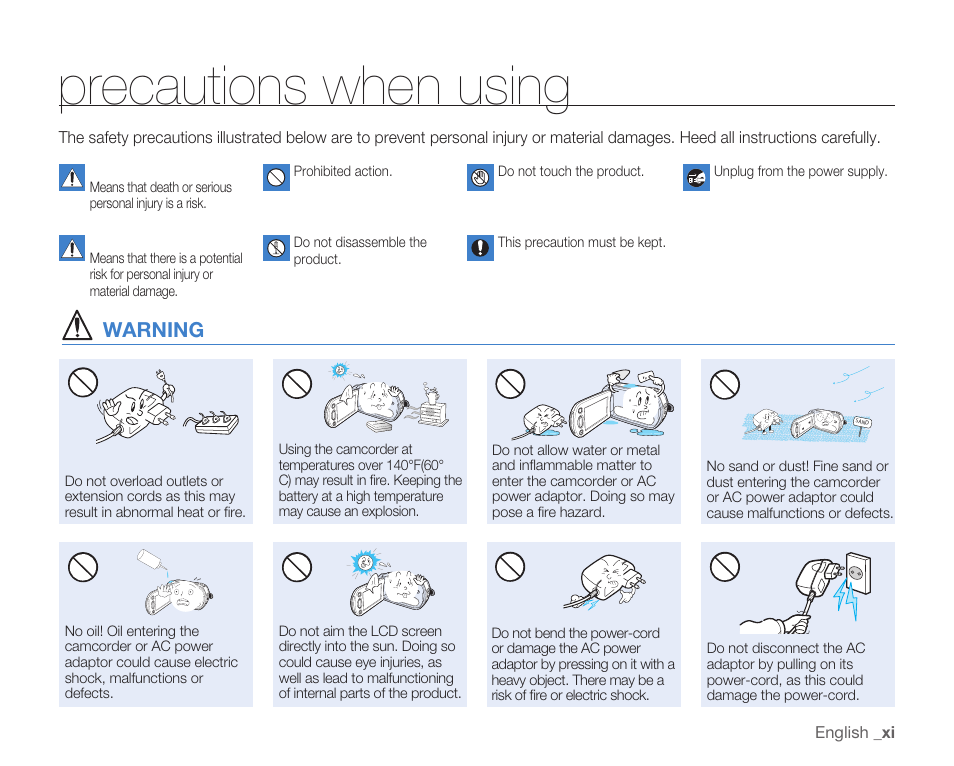 Precautions when using, Warning | Samsung HMX-H105BN-XAA User Manual | Page 11 / 147