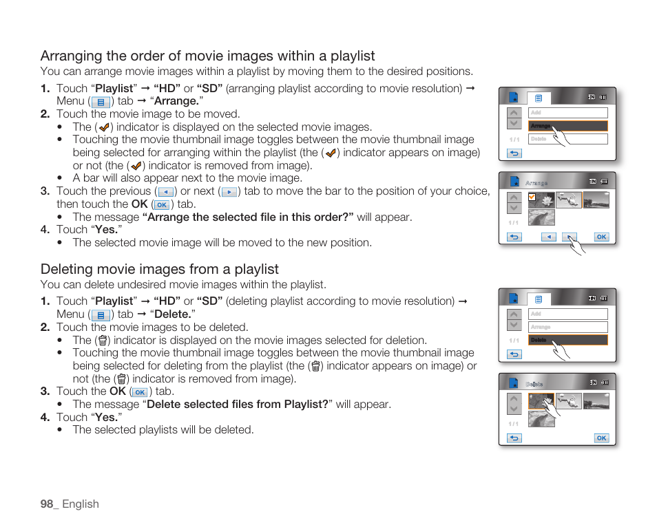 Deleting movie images from a playlist | Samsung HMX-H105BN-XAA User Manual | Page 112 / 147