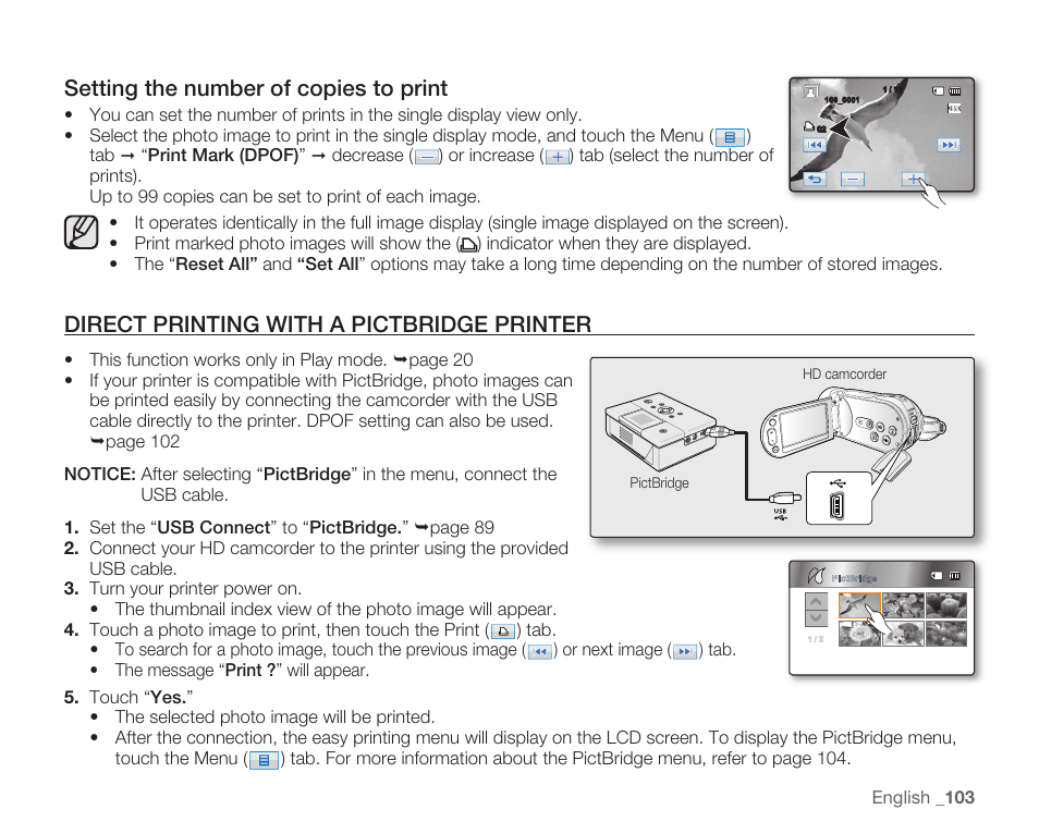 Direct printing with a pictbridge printer, Setting the number of copies to print | Samsung HMX-H105BN-XAA User Manual | Page 117 / 147