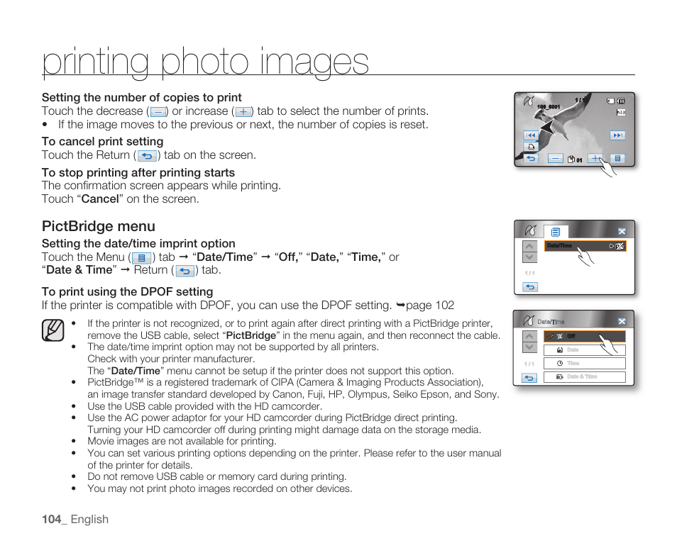 Printing photo images, Pictbridge menu | Samsung HMX-H105BN-XAA User Manual | Page 118 / 147