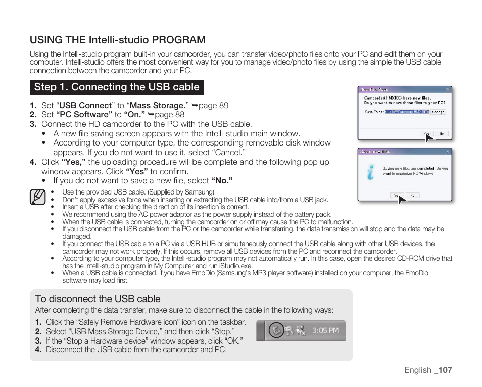 Using the intelli-studio program, Step 1. connecting the usb cable | Samsung HMX-H105BN-XAA User Manual | Page 121 / 147