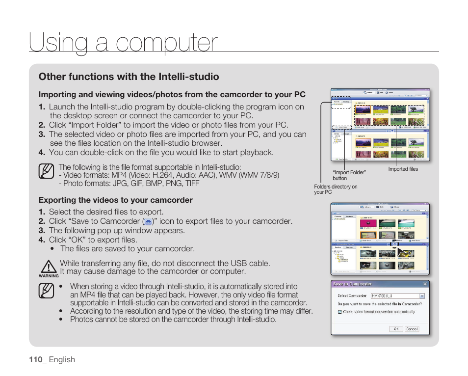 Using a computer, Other functions with the intelli-studio | Samsung HMX-H105BN-XAA User Manual | Page 124 / 147