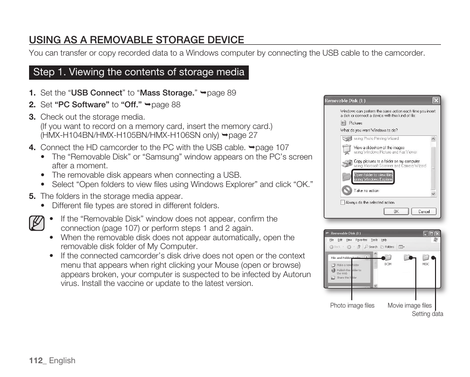 Using as a removable storage device, Step 1. viewing the contents of storage media | Samsung HMX-H105BN-XAA User Manual | Page 126 / 147