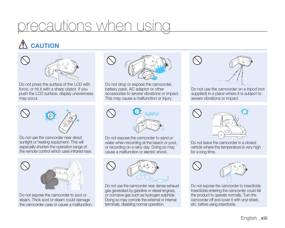 Precautions when using, Caution, English _ xiii | Samsung HMX-H105BN-XAA User Manual | Page 13 / 147