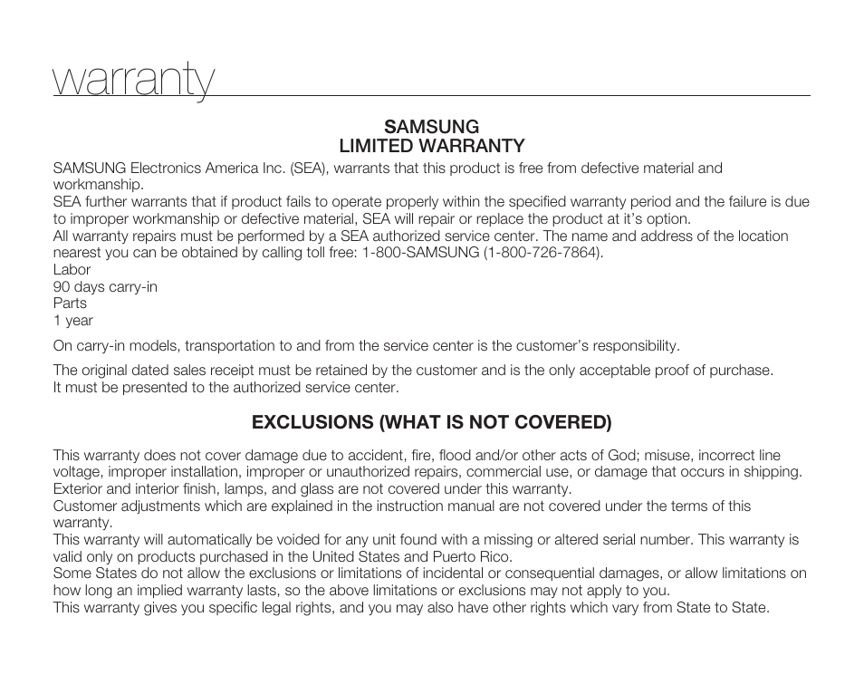 Warranty | Samsung HMX-H105BN-XAA User Manual | Page 146 / 147