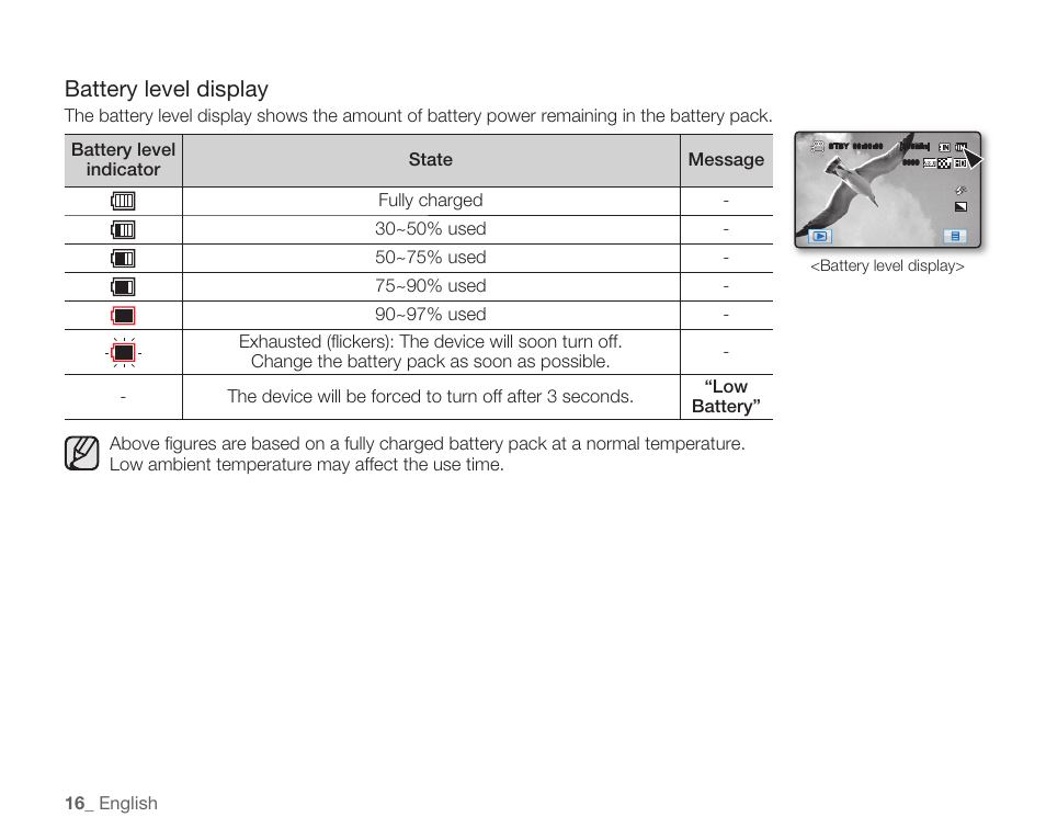 Battery level display | Samsung HMX-H105BN-XAA User Manual | Page 30 / 147