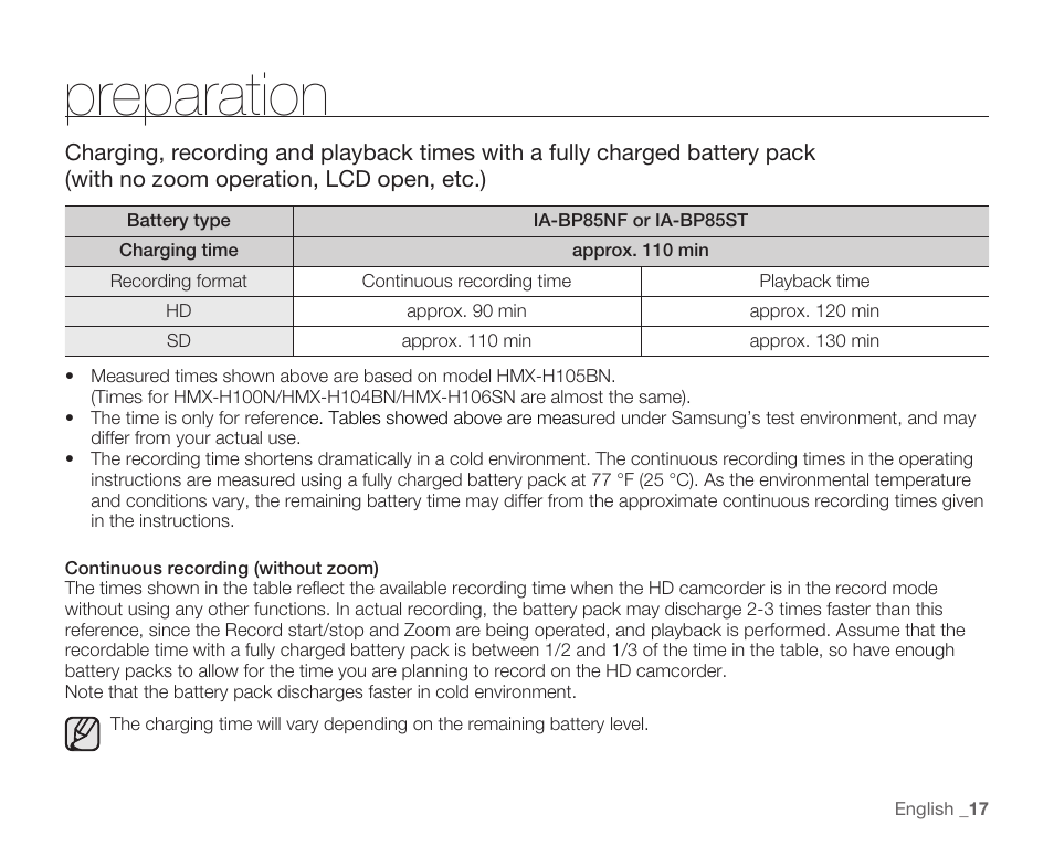 Preparation | Samsung HMX-H105BN-XAA User Manual | Page 31 / 147