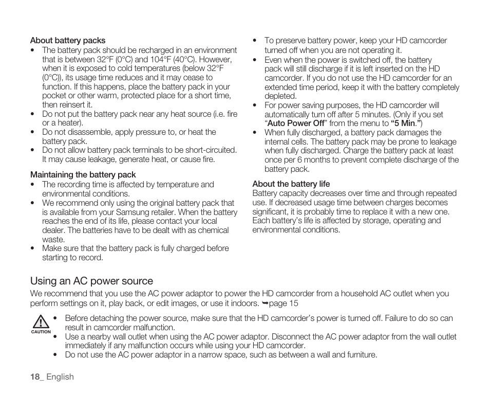 Using an ac power source | Samsung HMX-H105BN-XAA User Manual | Page 32 / 147