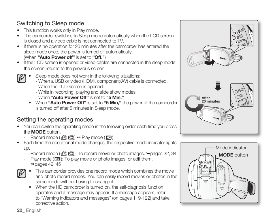 Switching to sleep mode, Setting the operating modes | Samsung HMX-H105BN-XAA User Manual | Page 34 / 147