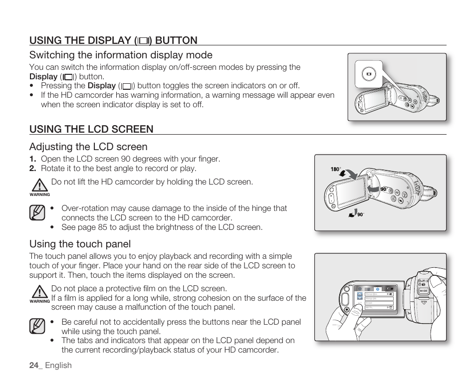 Using the lcd screen adjusting the lcd screen, Using the touch panel | Samsung HMX-H105BN-XAA User Manual | Page 38 / 147