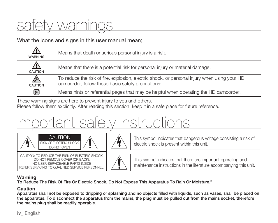 Safety warnings, Important safety instructions | Samsung HMX-H105BN-XAA User Manual | Page 4 / 147