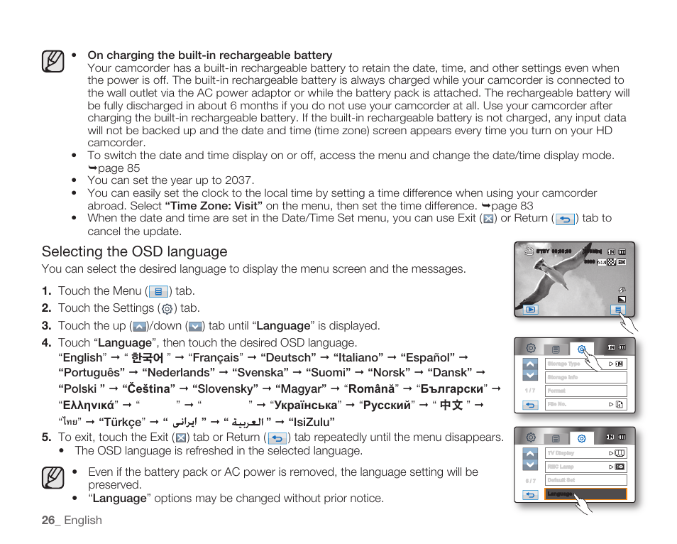 Selecting the osd language | Samsung HMX-H105BN-XAA User Manual | Page 40 / 147