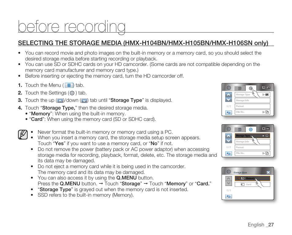 Before recording | Samsung HMX-H105BN-XAA User Manual | Page 41 / 147