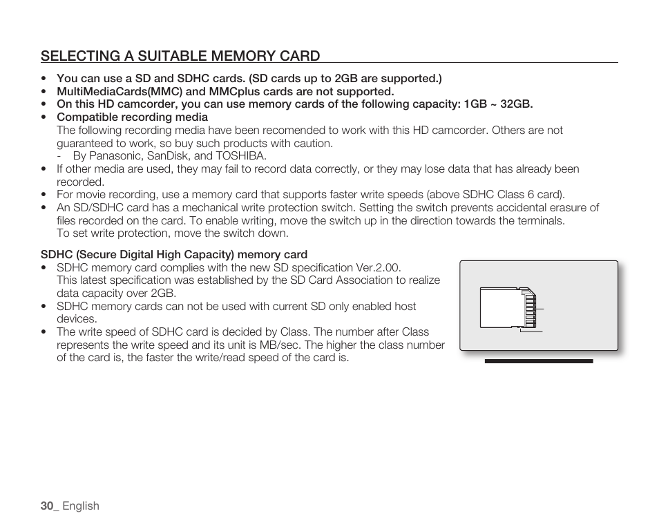 Selecting a suitable memory card | Samsung HMX-H105BN-XAA User Manual | Page 44 / 147