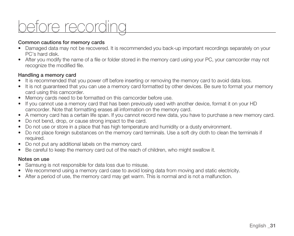 Before recording | Samsung HMX-H105BN-XAA User Manual | Page 45 / 147