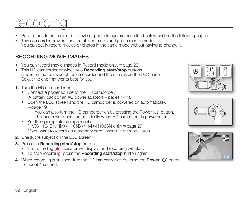 Recording, Recording movie images | Samsung HMX-H105BN-XAA User Manual | Page 46 / 147