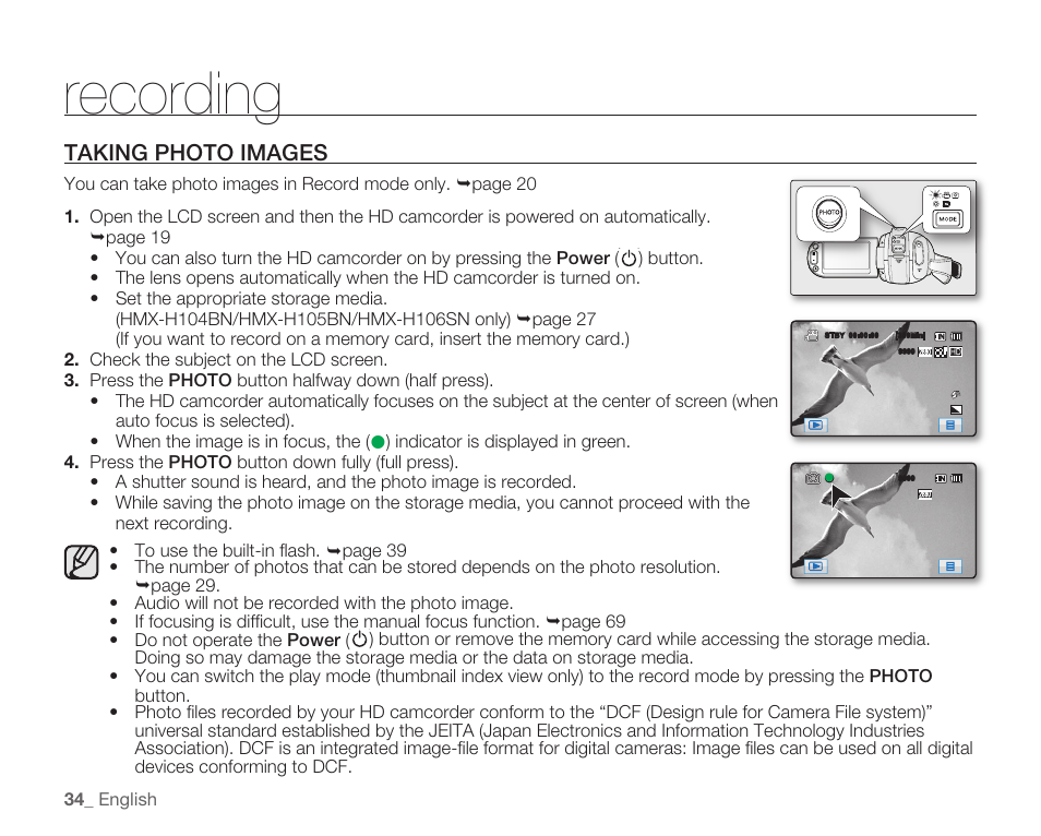 Taking photo images, Recording | Samsung HMX-H105BN-XAA User Manual | Page 48 / 147